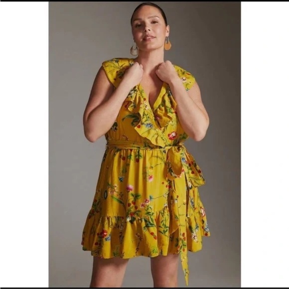 Maeve Dresses & Skirts - NWT Maeve Yellow Floral Strawberry Faux Wrap Mini Dress Size Large Spring Summer